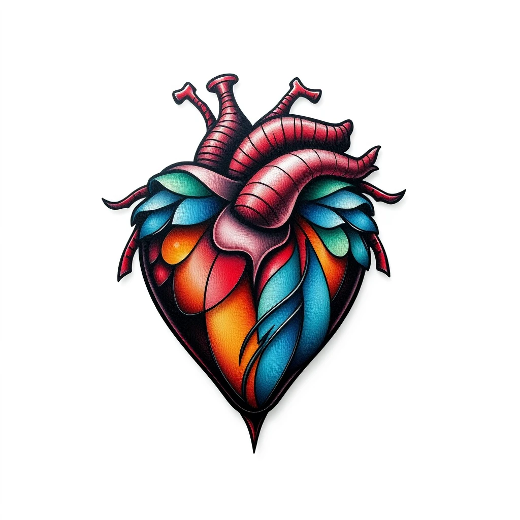 Colorful heart tattoo with vibrant design elements.