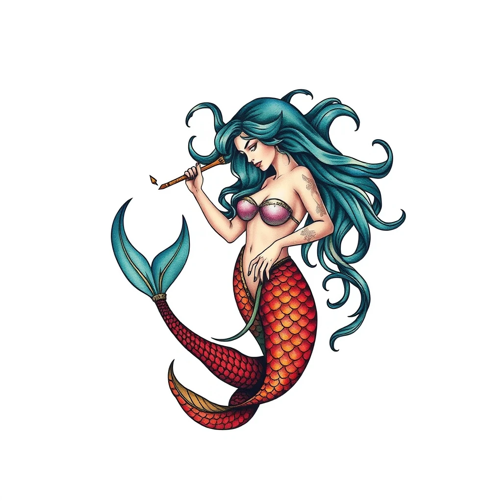 Colorful Siren tattoo with flowing hair