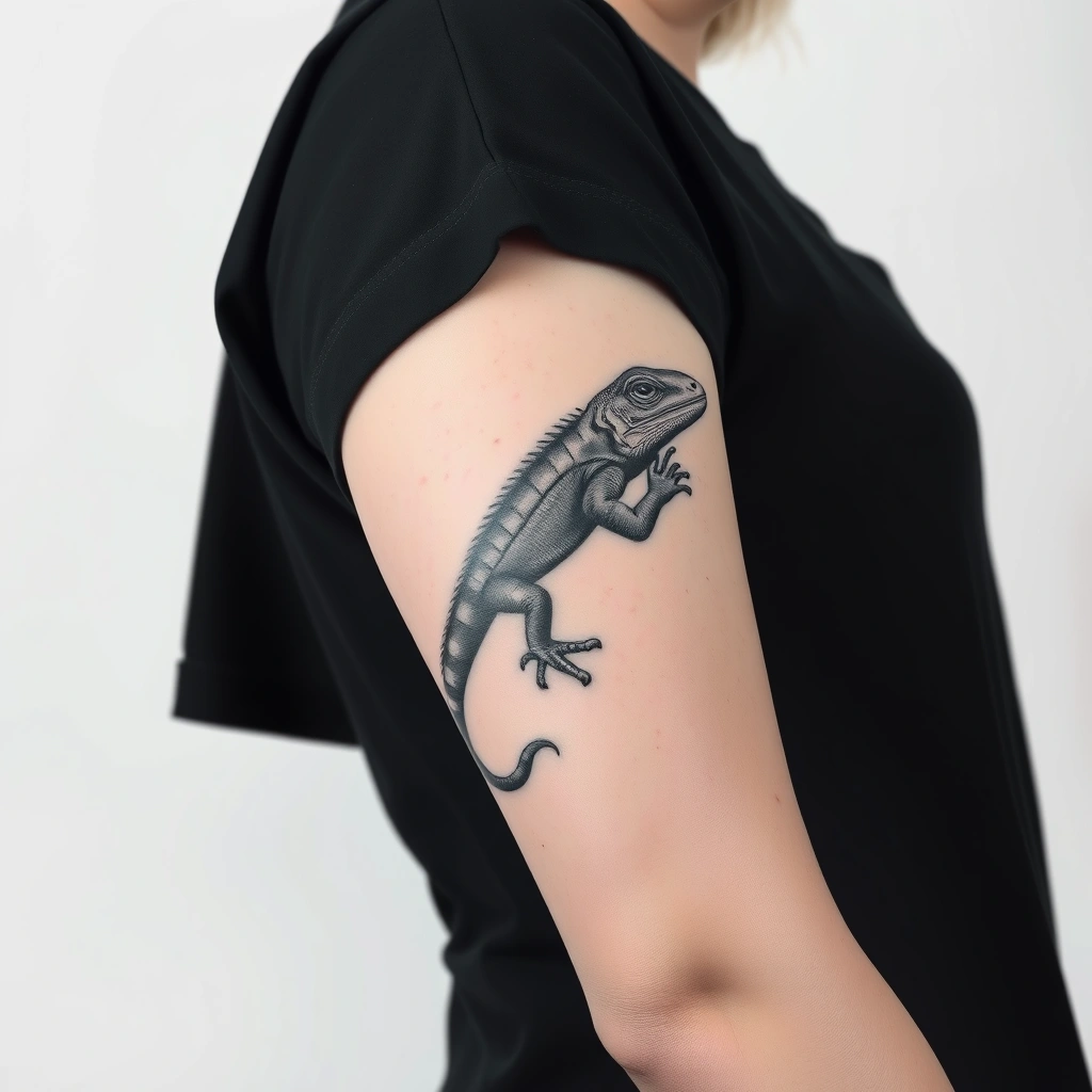 Black and white realistic lizard with gun tattoo on women's sleeve