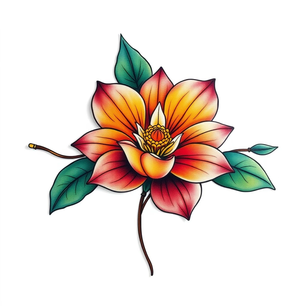 Vibrant Blossom tattoo featuring yellow and red petals