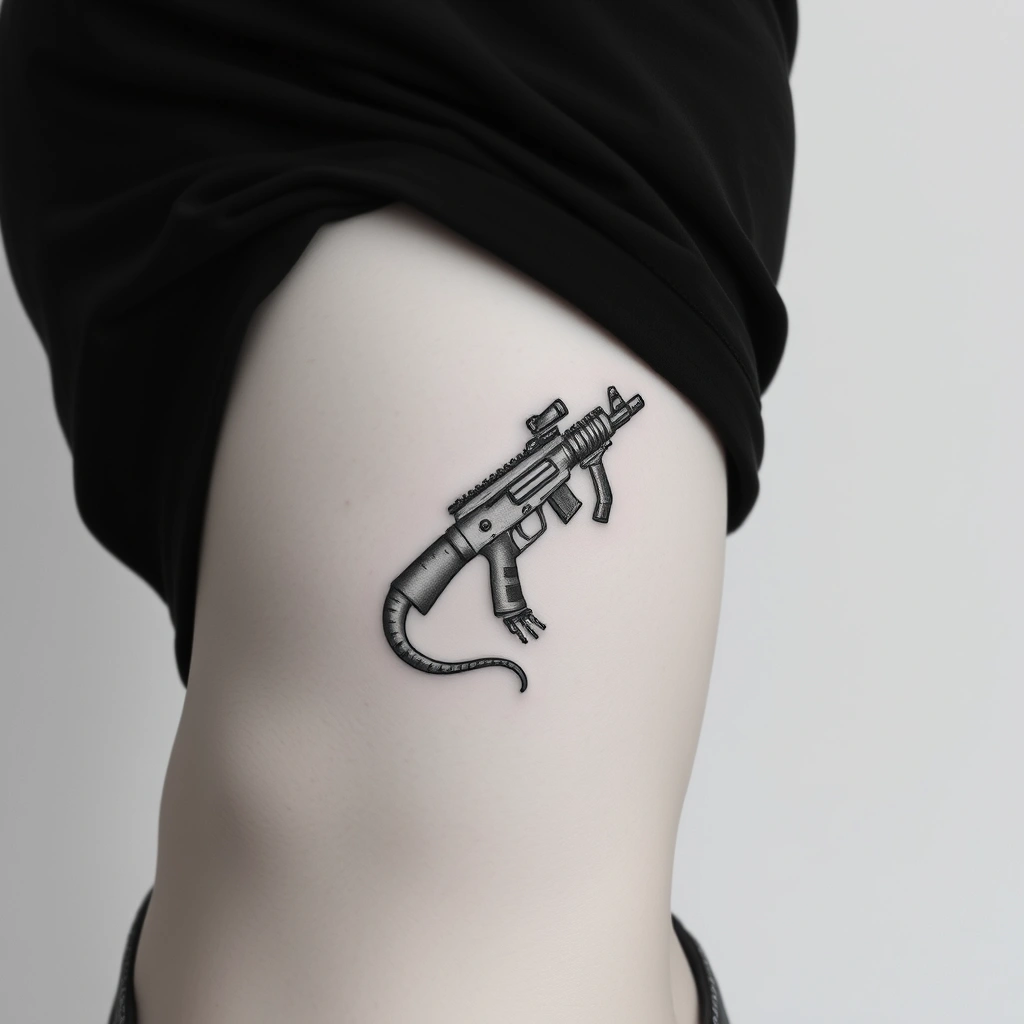 Black and white linework tattoo of lizard with gun on women's rib