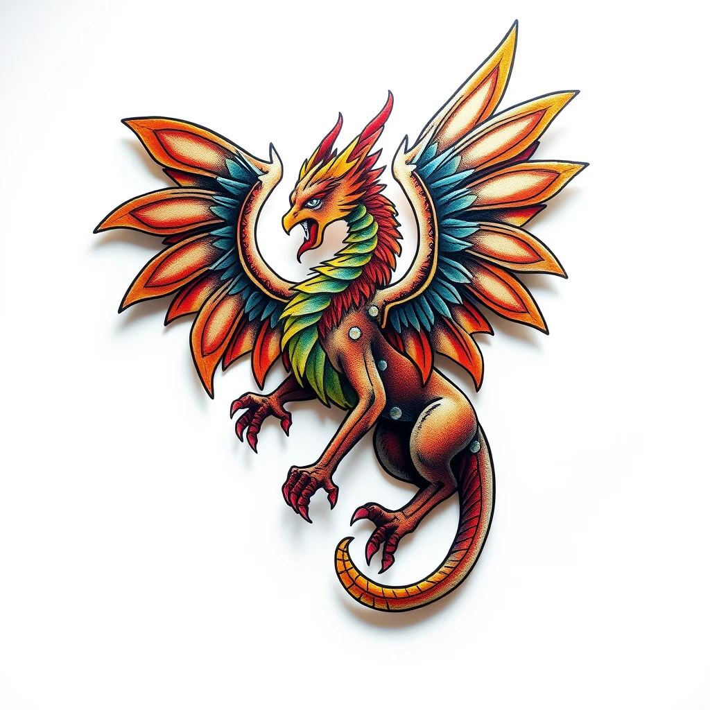 Vibrant Griffin tattoo with colorful wings.