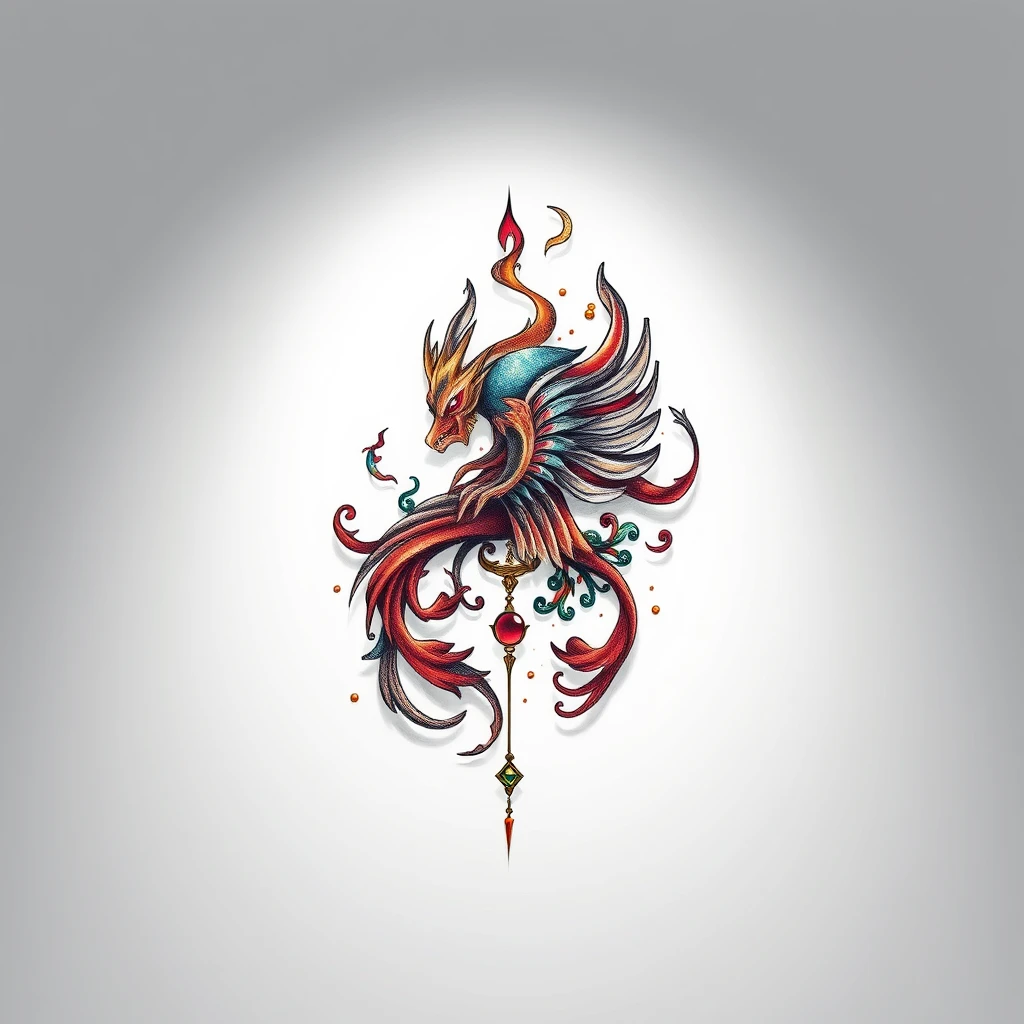 Colorful Elemental tattoo featuring a mythical phoenix