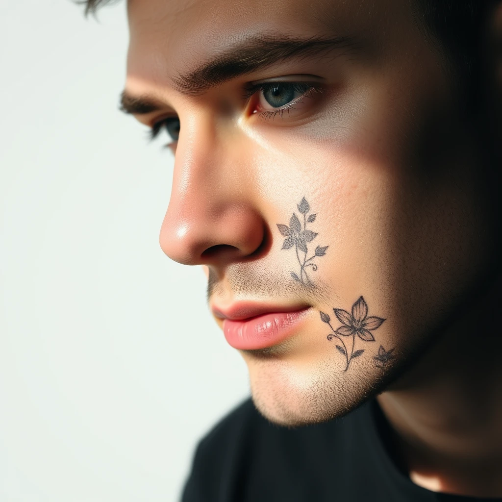 Black and white 3D summer flowers tattoo on men's face