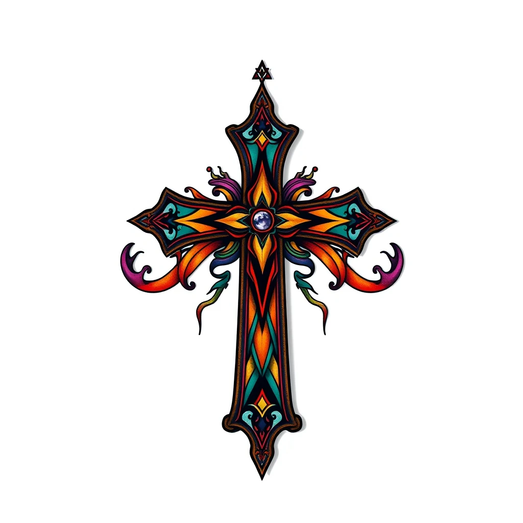 Colorful ornate cross tattoo design with details