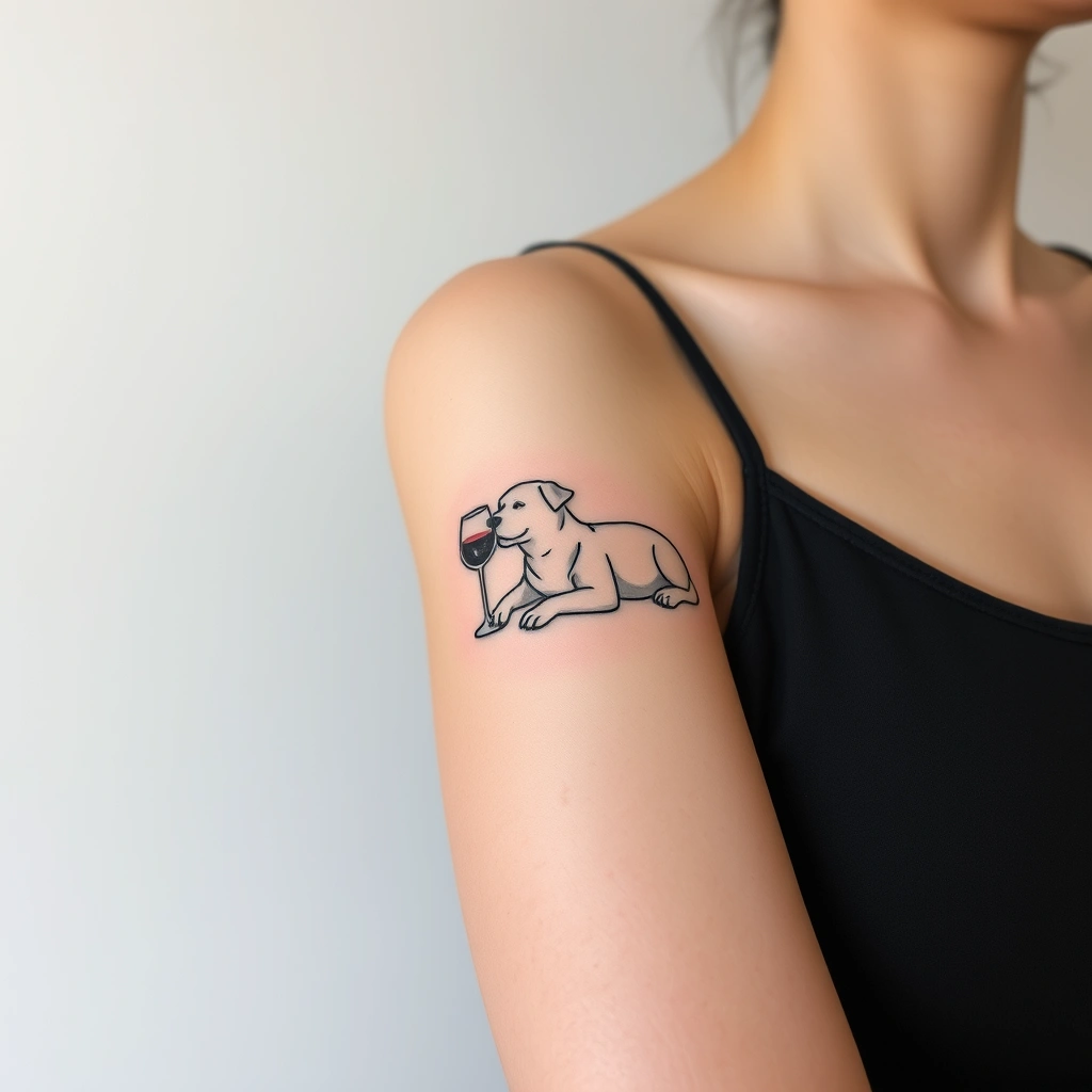 Tattoo of cute dog drinking wine, minimalist style, black and white, on women's arm