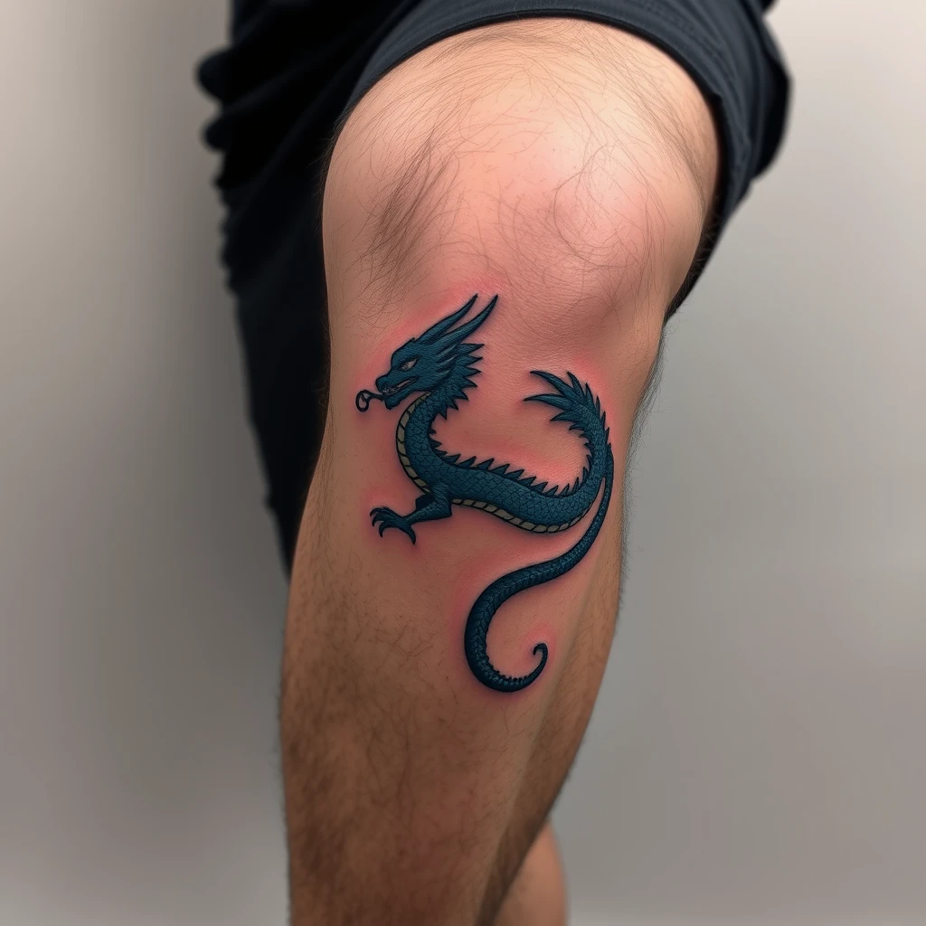 Colorful Fine Line blue dragon tattoo on knee