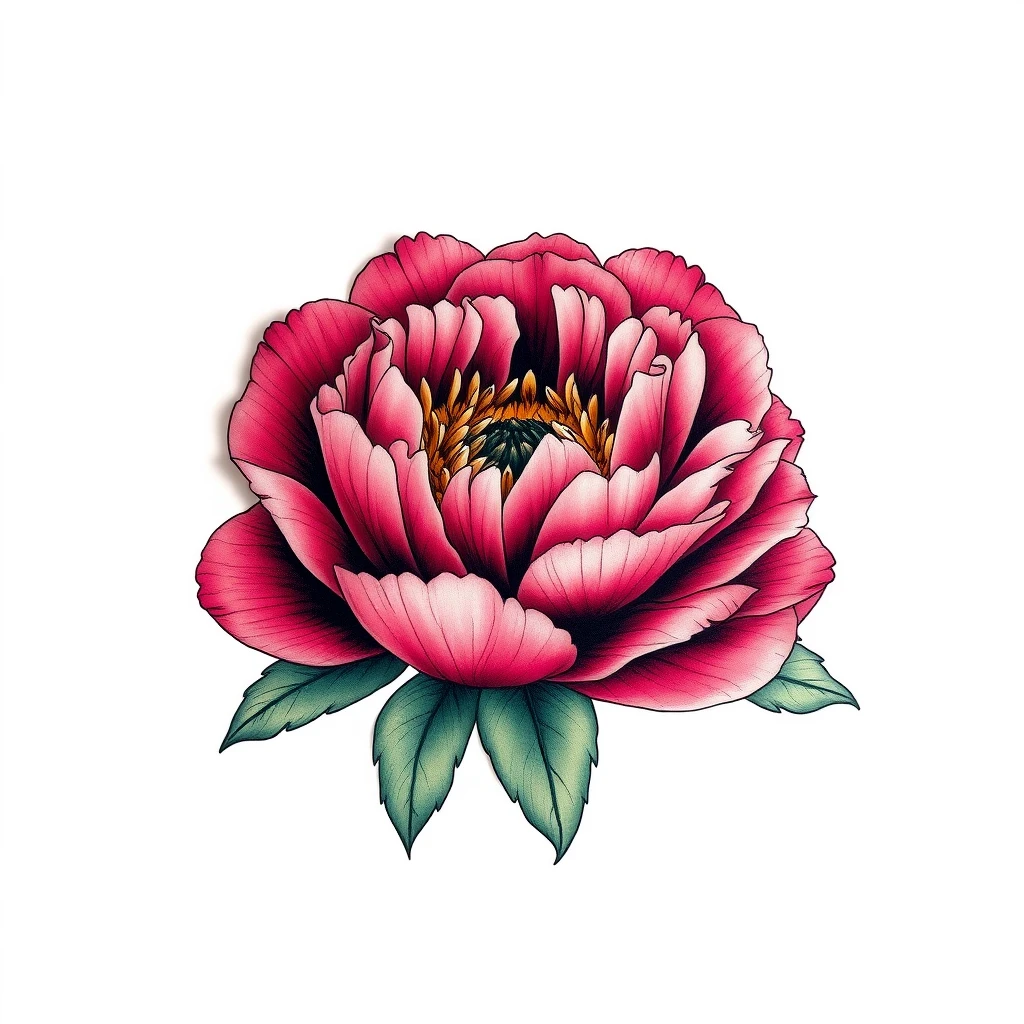 Vibrant pink peony tattoo with green leaves