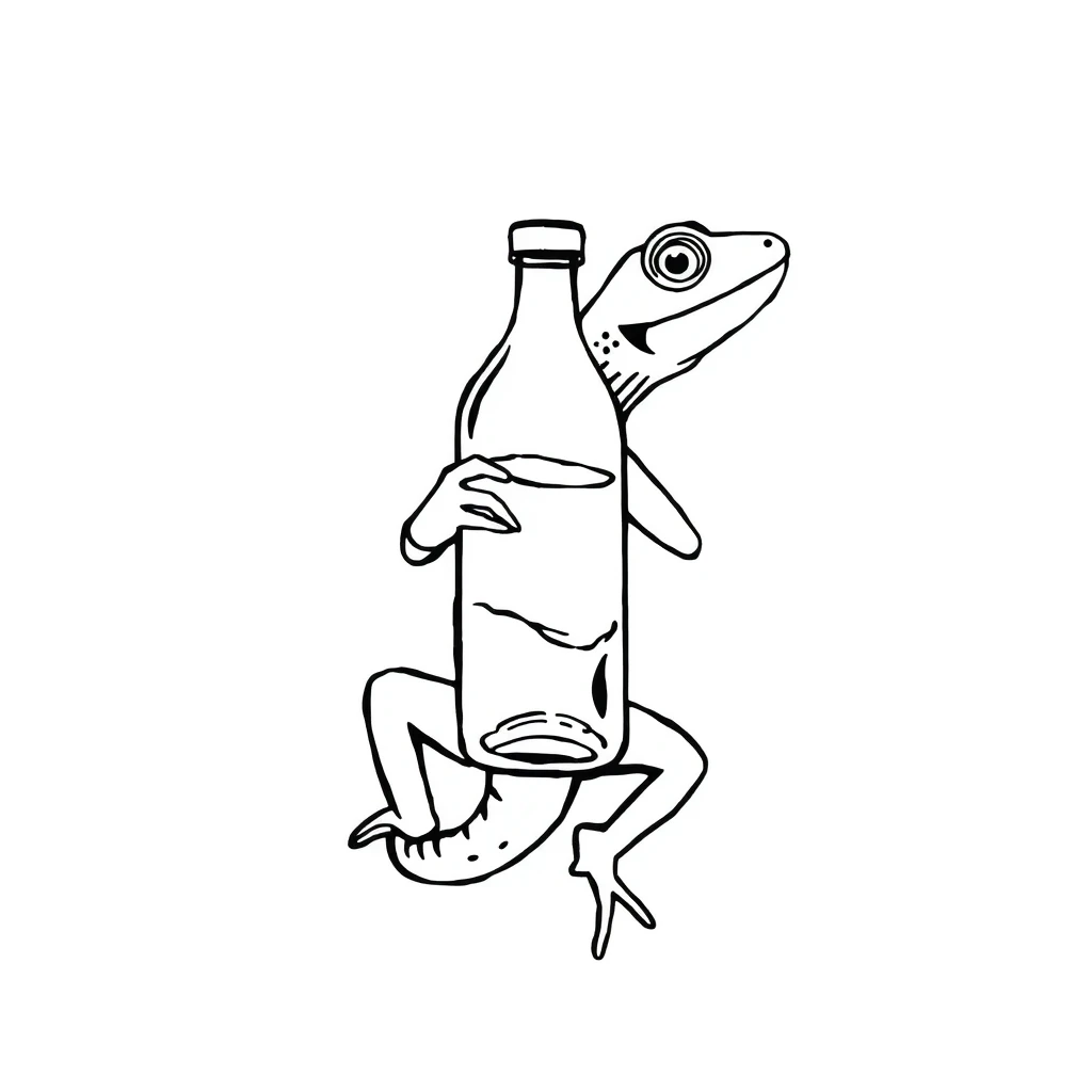 Tattoo of lizard holding water bottle, minimalist style, black and white