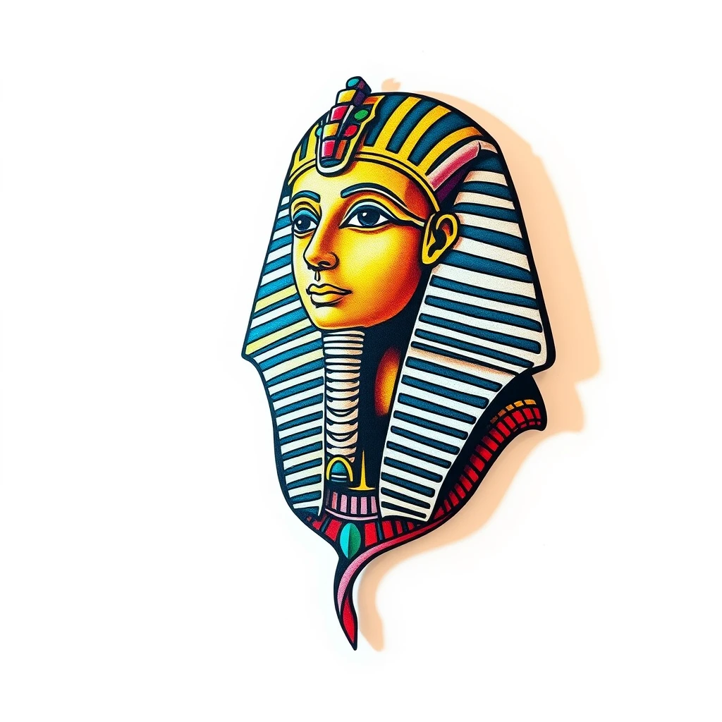 Colorful Pharaoh tattoo with detailed headdress.