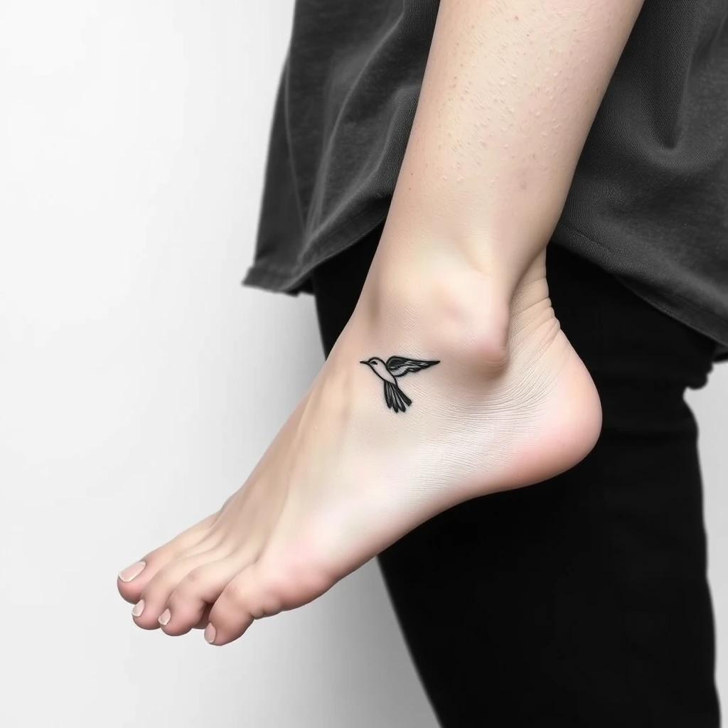 Tattoo of a bird, Minimalist style, black and white, on a woman's ankle.