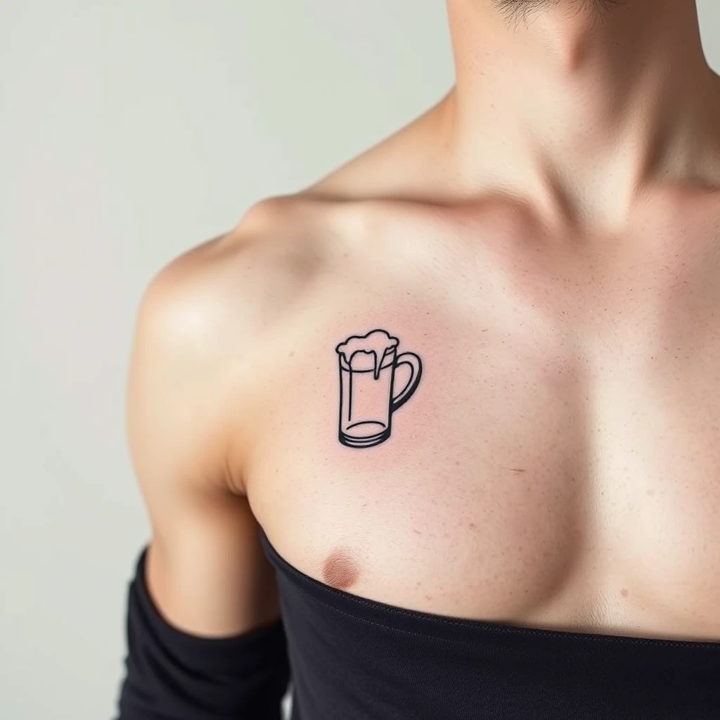 Tattoo of beer in black and white, minimalist style on men's chest