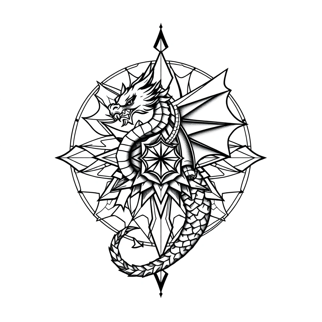 Tattoo of a dragon in geometric style, black and white