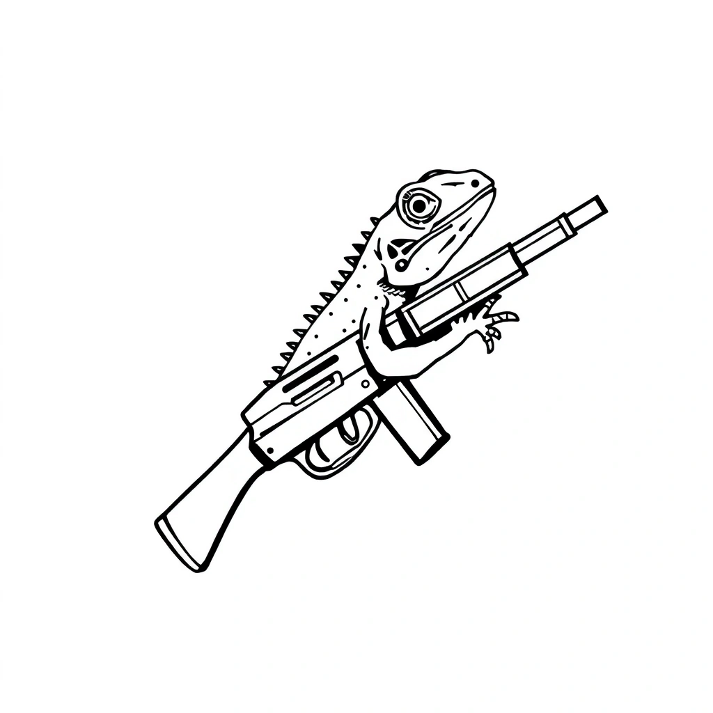 Tattoo of lizard with gun in minimalist black and white