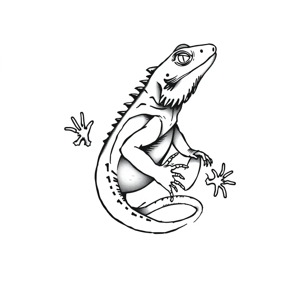 Tattoo design of lizard with bear, Minimalist, Black and white