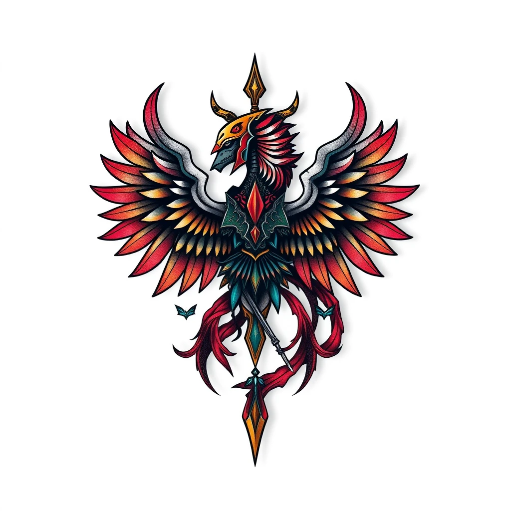 Vibrant Aegis tattoo featuring a mythical phoenix