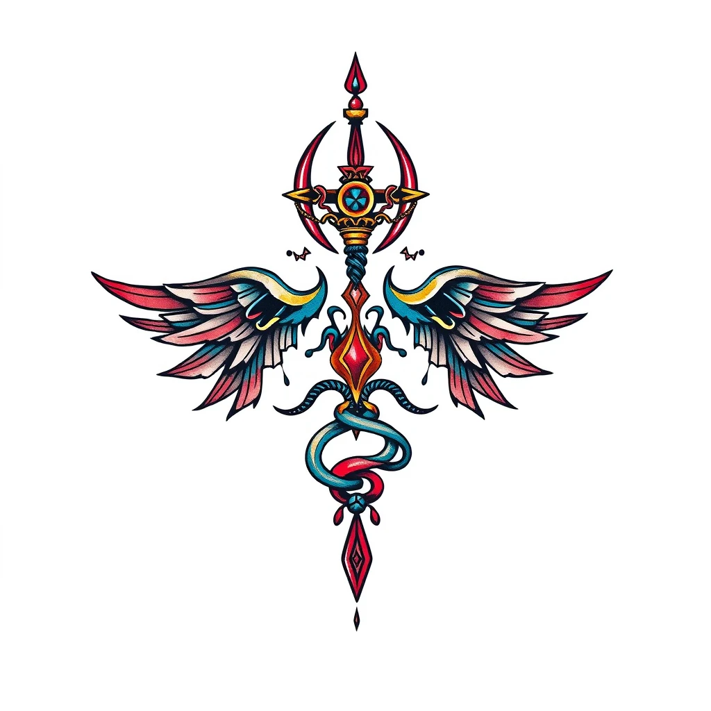 Colorful Damocles tattoo with wings and serpent