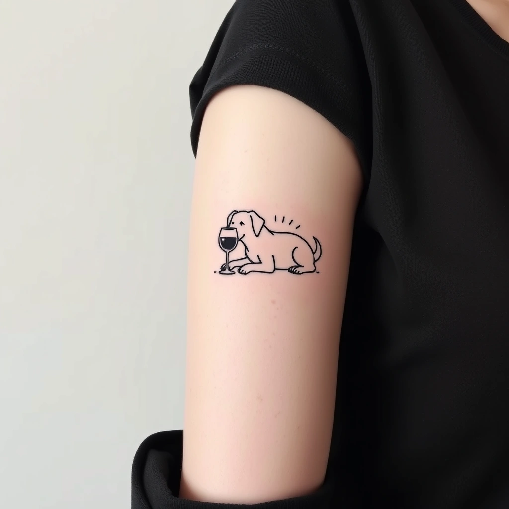 Tattoo of a cute dog drinking wine on Women's Arm in black and white Minimalist style