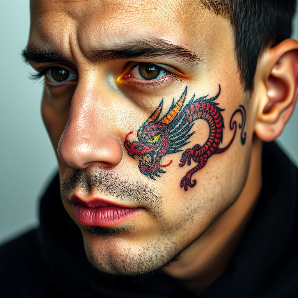 Colorful dragon portrait tattoo on man's face