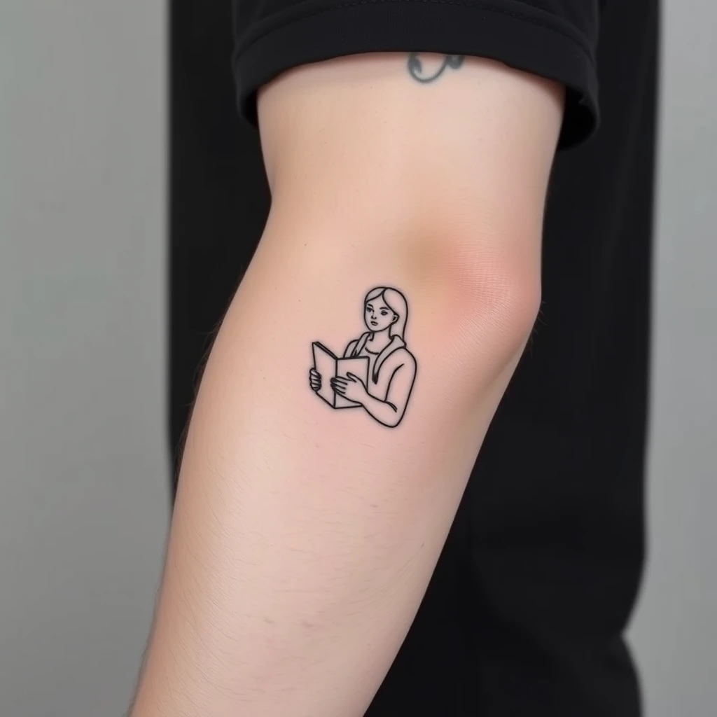 Tattoo of a woman holding a book, Minimalist style, Black and white on Men's Elbow