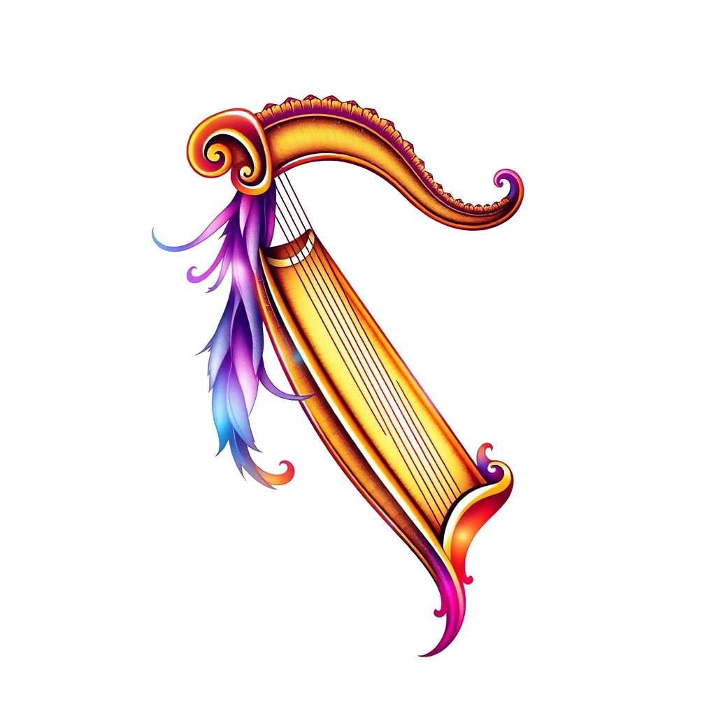 Colorful harp tattoo with flowing embellishments