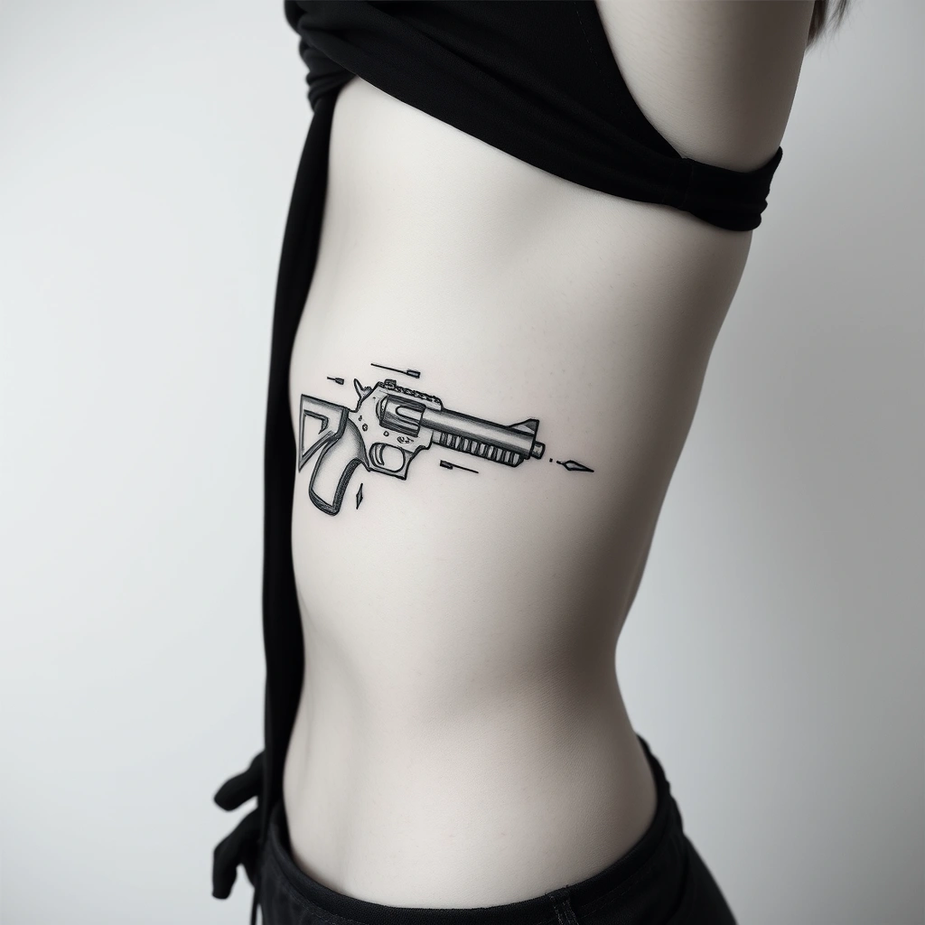 Tattoo of lizard with gun, Linework style, black and white, underboob, for women