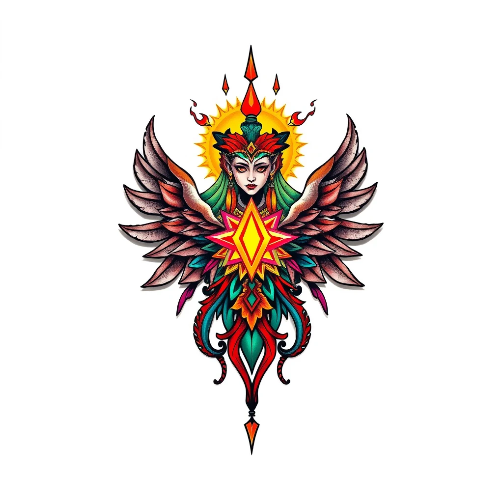 Vibrant Oracle tattoo with wings and gems