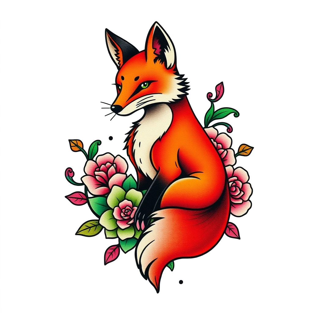 Neo Traditional tattoo of a fox with flowers.