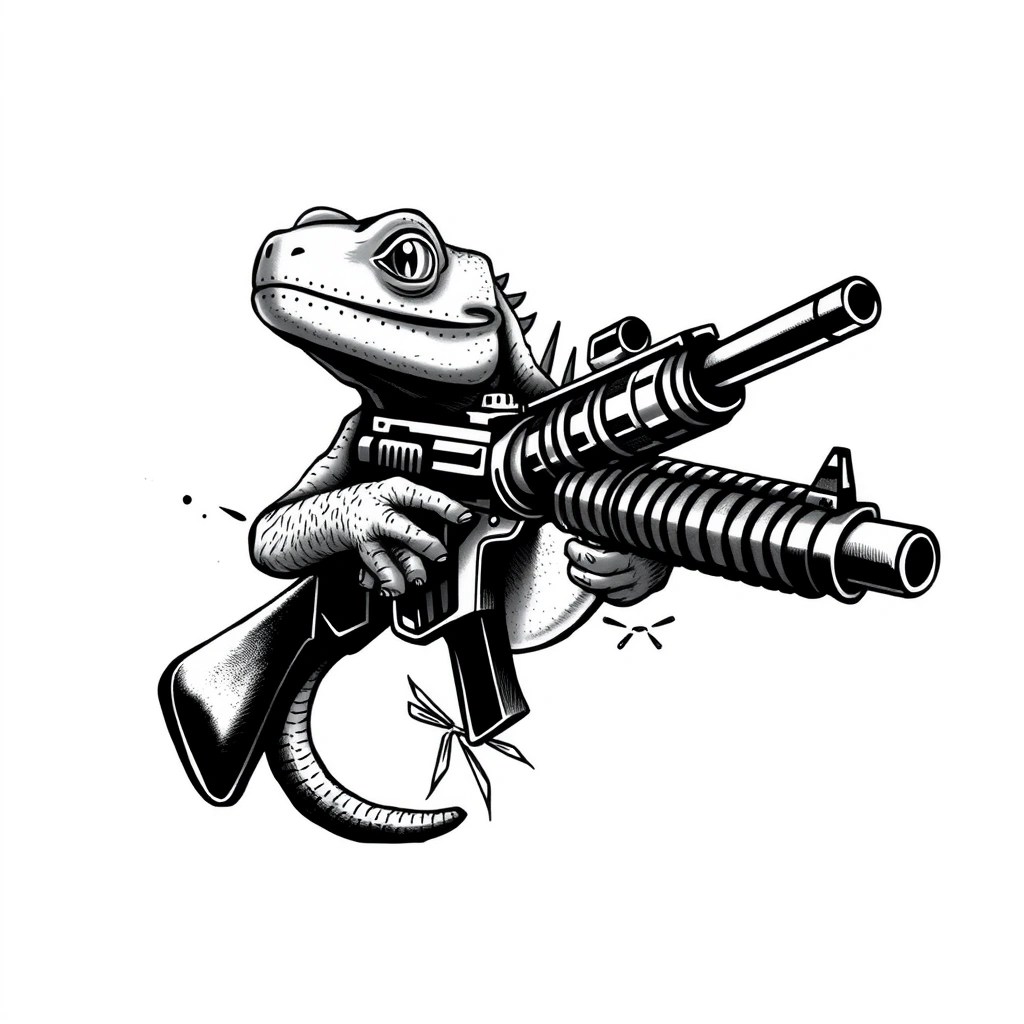 Black and white lizard with gun tattoo