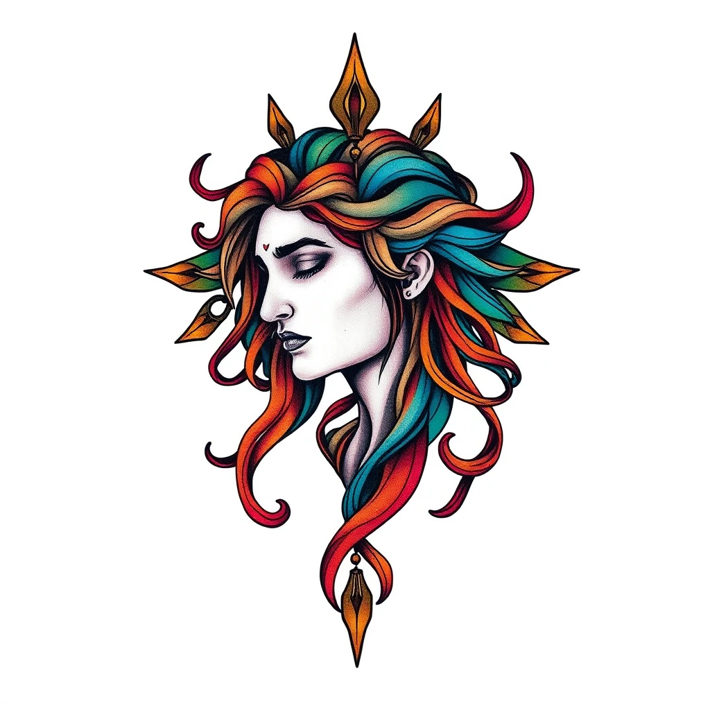 Colorful Demeter tattoo with flowing hair