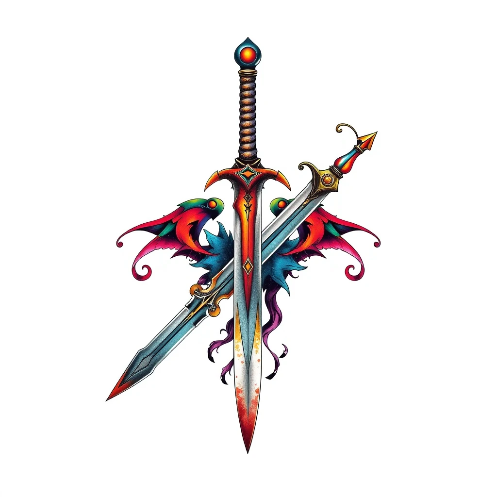 Colorful sword tattoo with intricate design elements