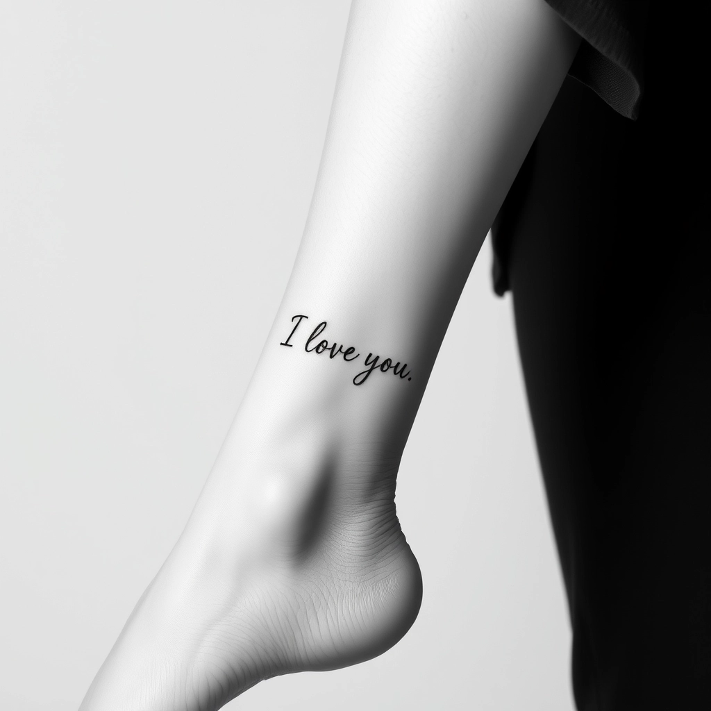 Tattoo 'I love you' in minimalist style on women's ankle, black and white.