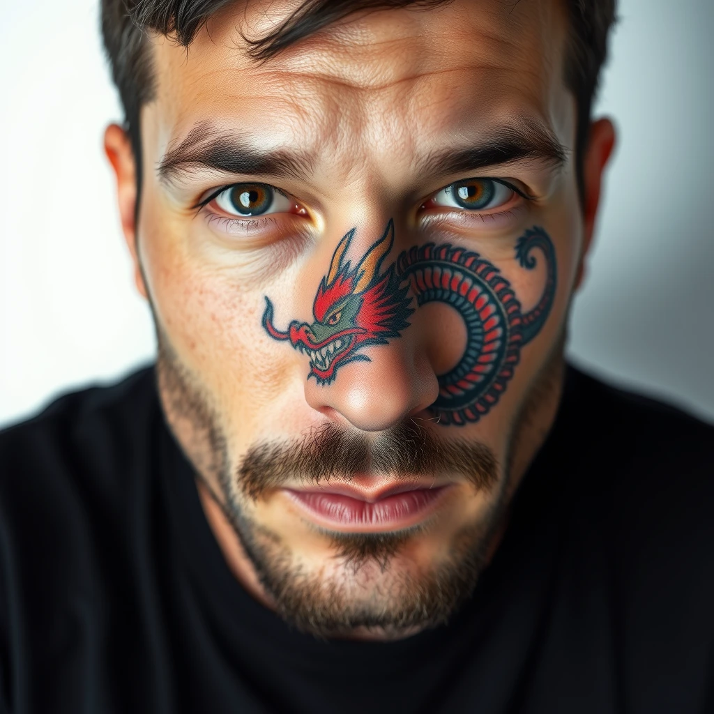 Colorful dragon portrait tattoo on man's face