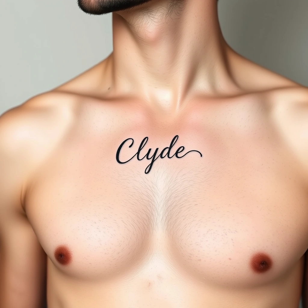 Tattoo Clyde, Minimalist style, black and white, on men's chest.