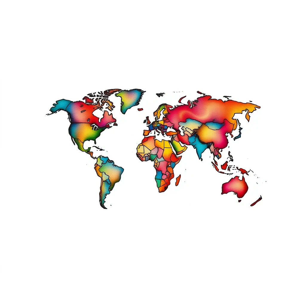 Colorful world map tattoo design on skin