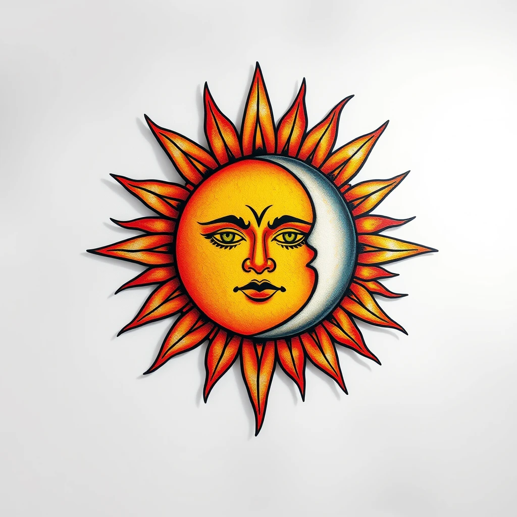 Colorful sun and moon tattoo design