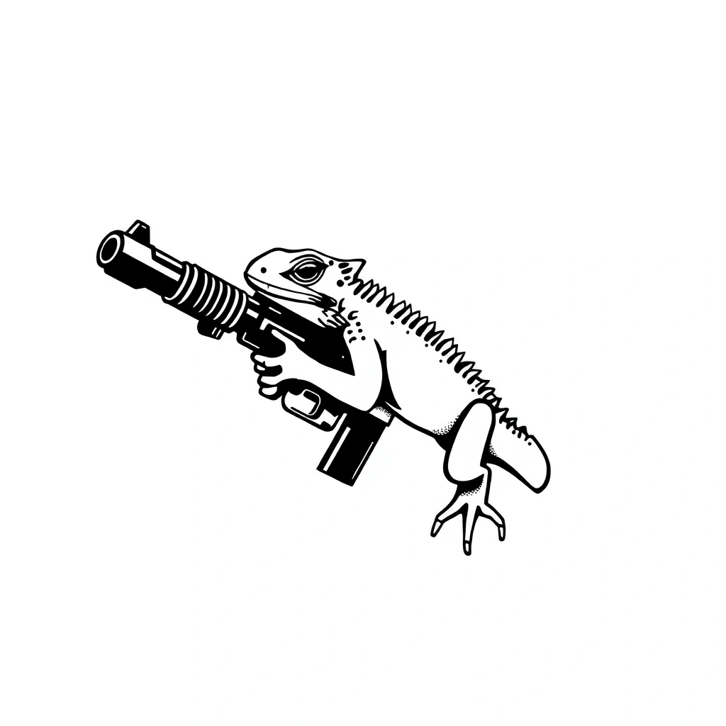 Tattoo of a lizard with gun, minimalist style, black and white