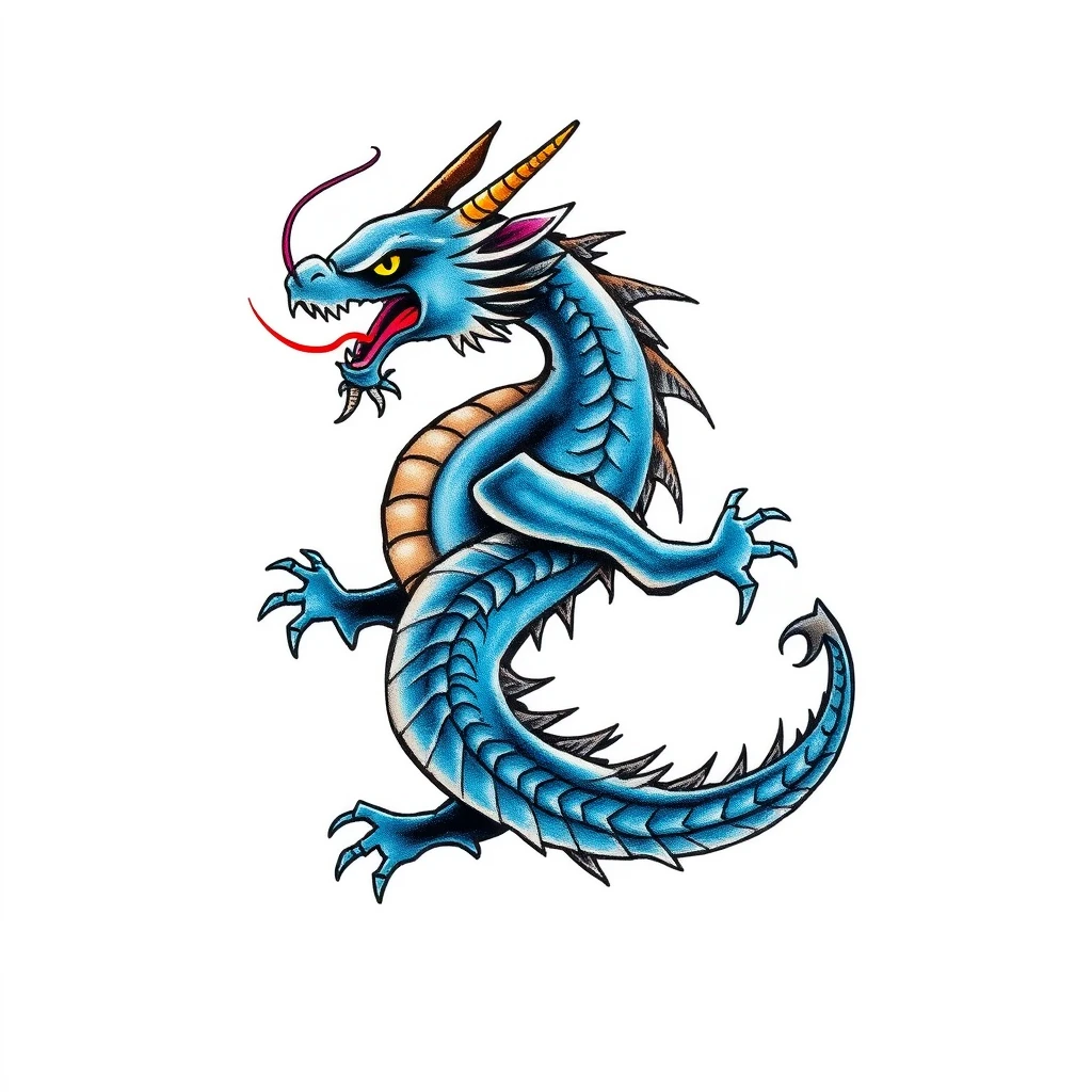 Tattoo design of a colorful blue dragon in Negative Space style