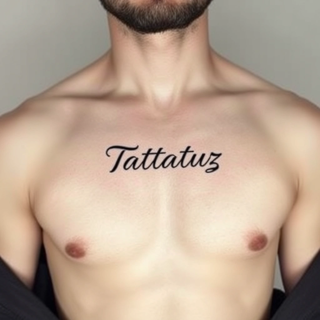 Tattoo 'Tatatuz', minimalist style, black and white on men's chest