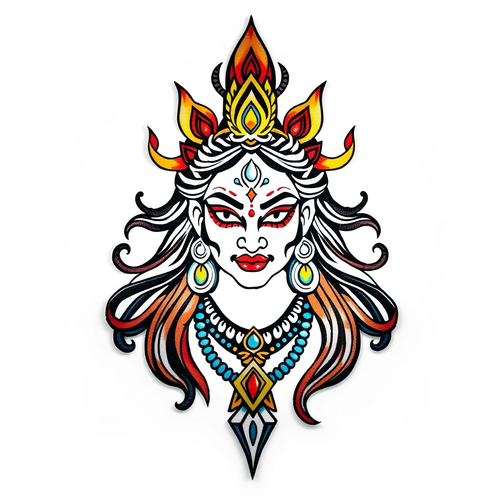 Colorful Kali tattoo with intricate details.