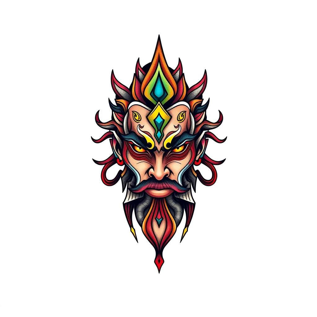 Colorful Atman tattoo featuring a fierce face