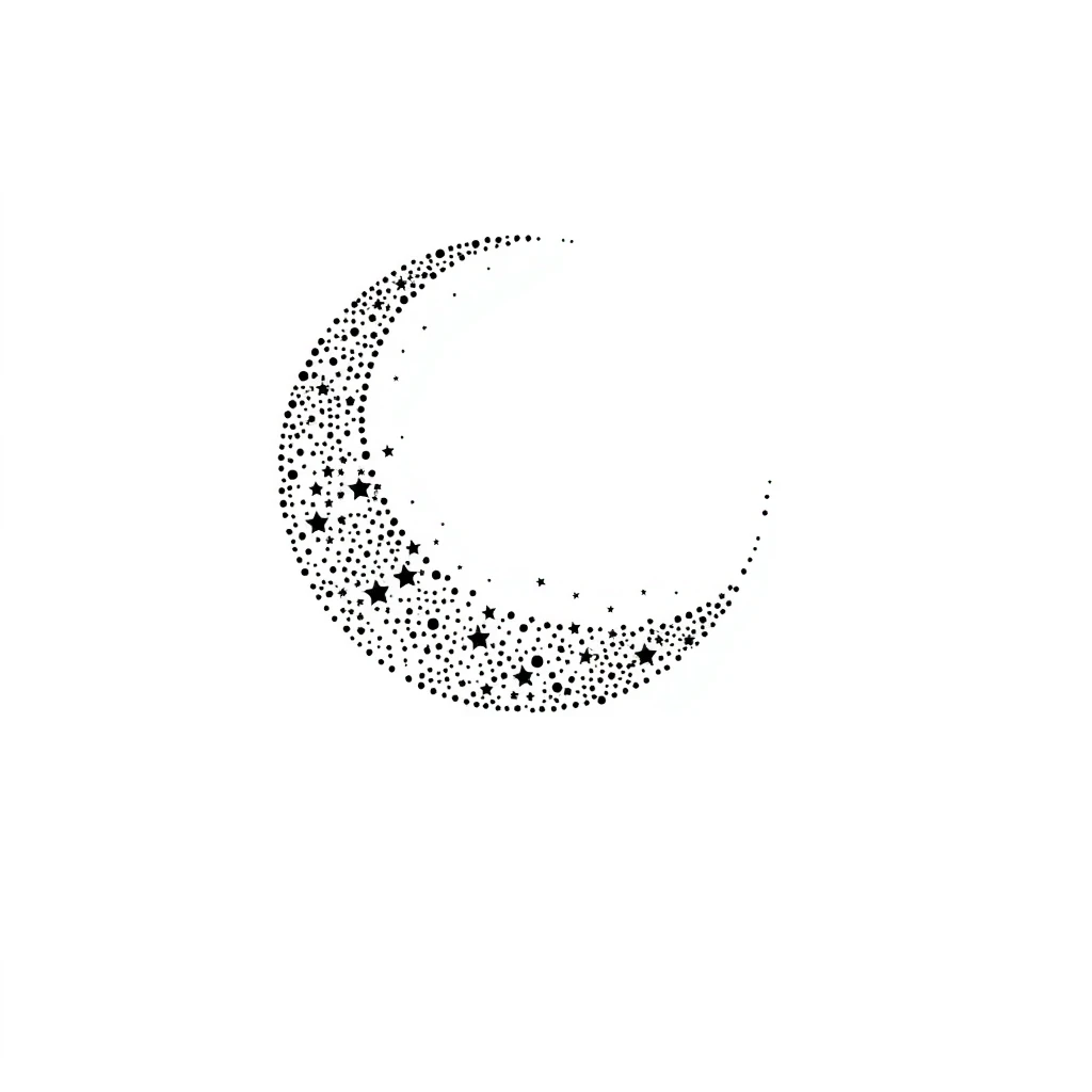 Dotwork style tattoo of crescent moon and stars