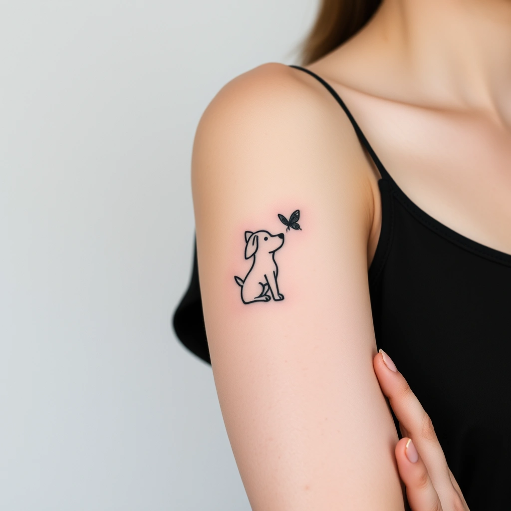 Minimalist black and white happy dog tattoo on women's arm