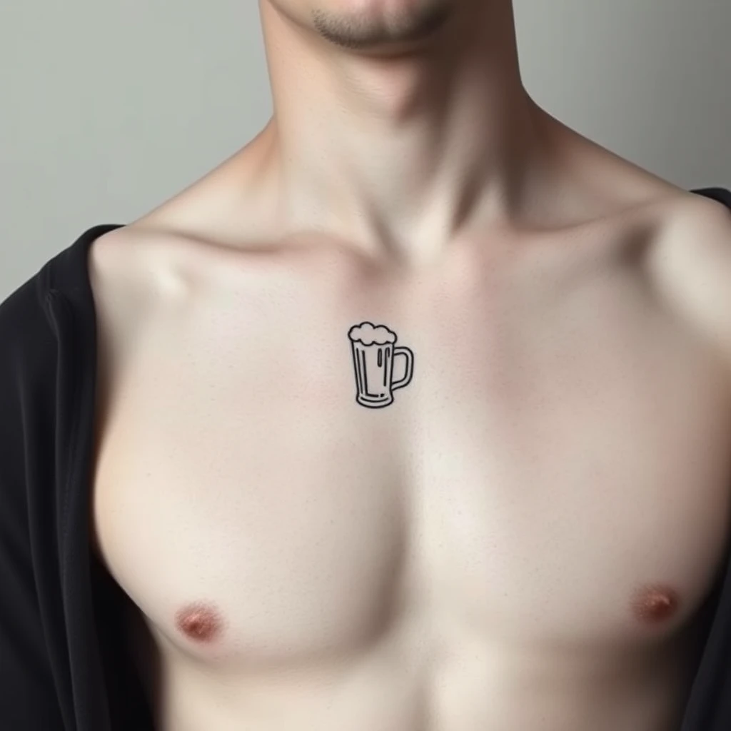 Tattoo of beer in Minimalist style, black and white on Men's chest