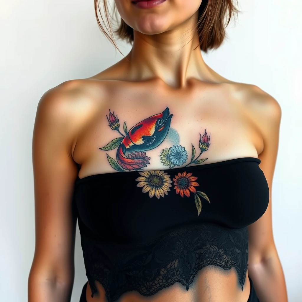 Colorful old-school nature tattoo on women's chest