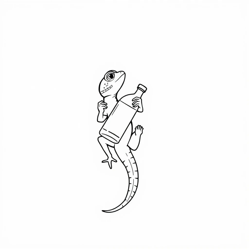 Tattoo of lizard holding water bottle, Minimalist, Black and white