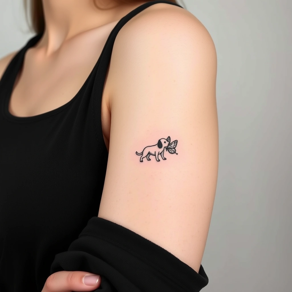 Tattoo of tiny dog looking at butterfly, minimalist style, black and white on women's armpit.