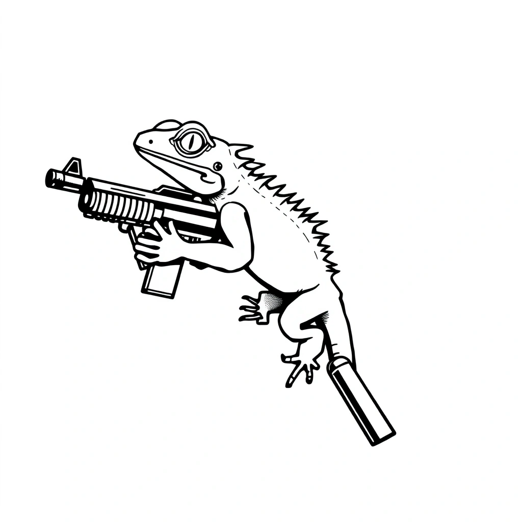 Minimalist black and white tattoo of lizard with gun