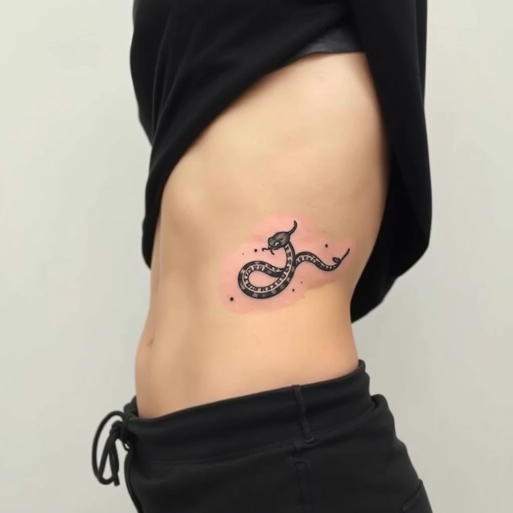 Colorful minimalist snake tattoo on women's underboob