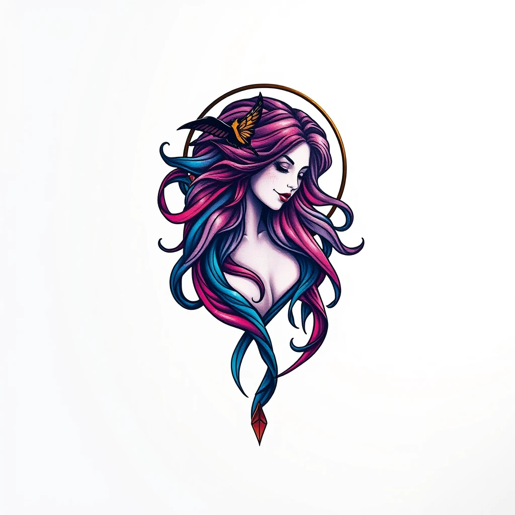 Artistic Selene tattoo with colorful hair